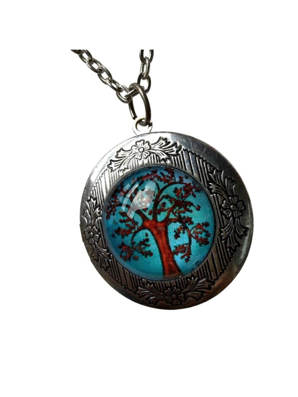Tree Of Life Pendant Necklace Turquoise Background & Floral Accents 30" Silver-